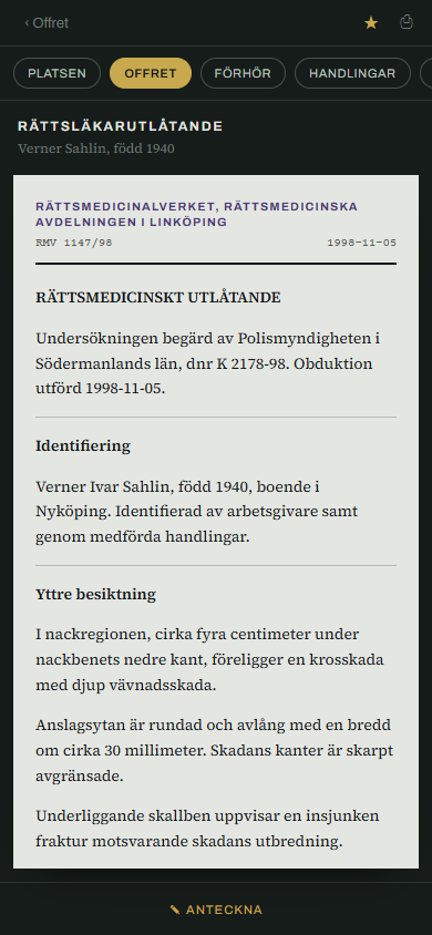 Ett rättsmedicinskt utlåtande återgivet i dokumentvyn