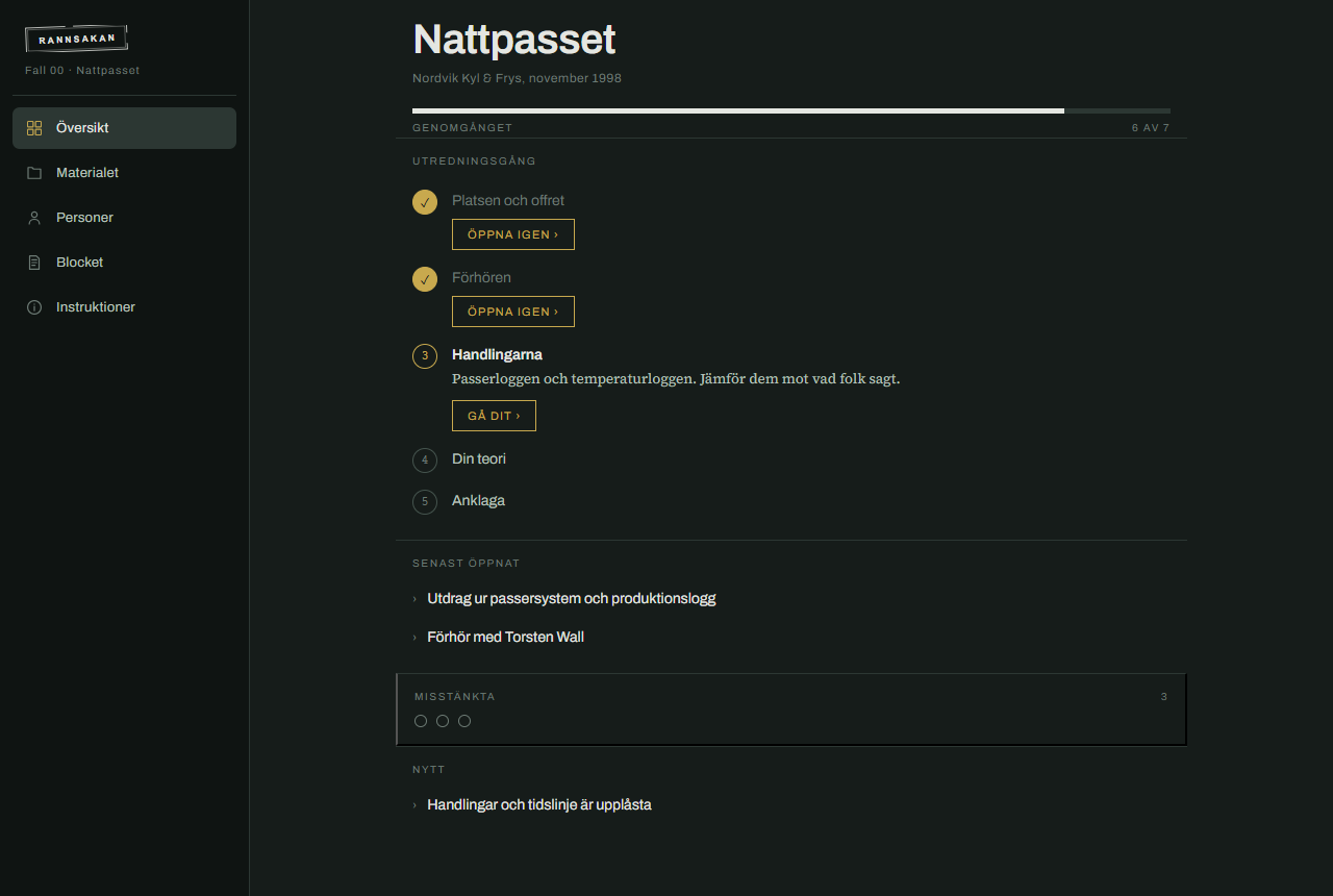 Utredningsöversikten i Rannsakan med fallets material och progression